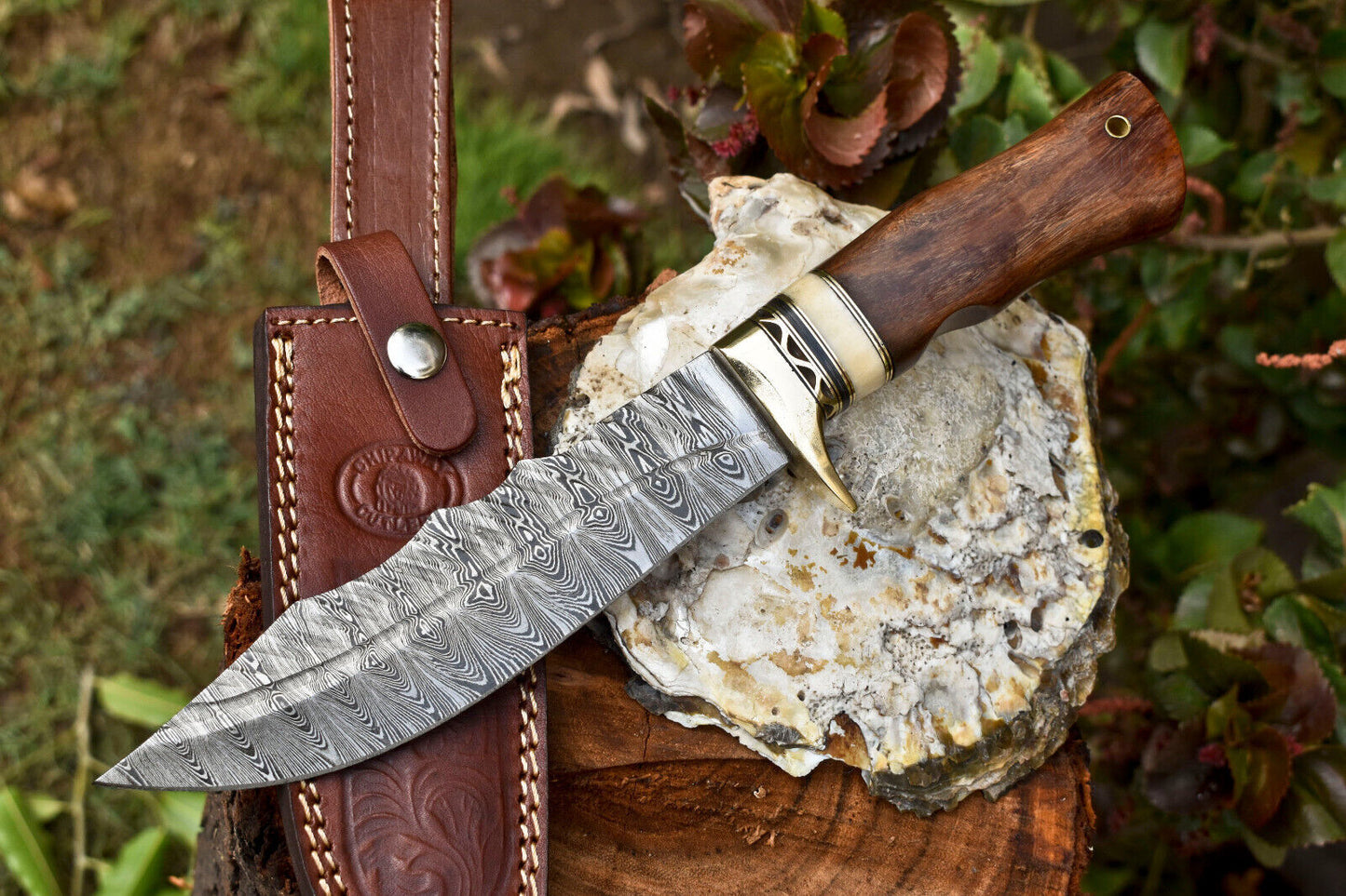 Custom Forged Damascus Handmade Hunting Camping Survival Bowie Knife With Wood Handle