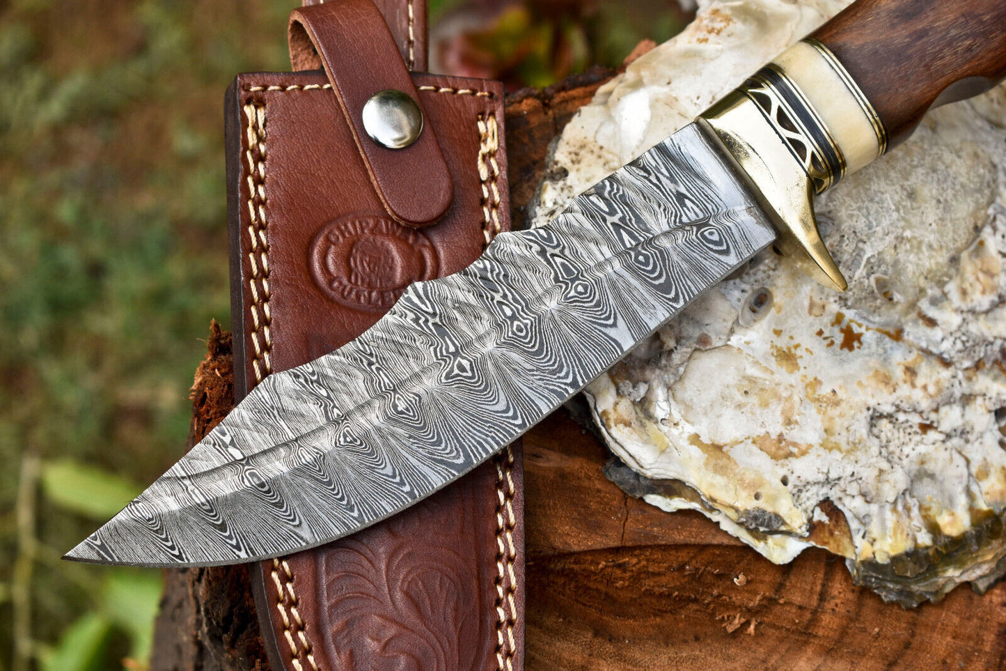 Custom Forged Damascus Handmade Hunting Camping Survival Bowie Knife With Wood Handle