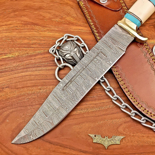 17 Inch Handmade Damascus Steel Bowie Knife with Bone Handle and Brass Bolster
