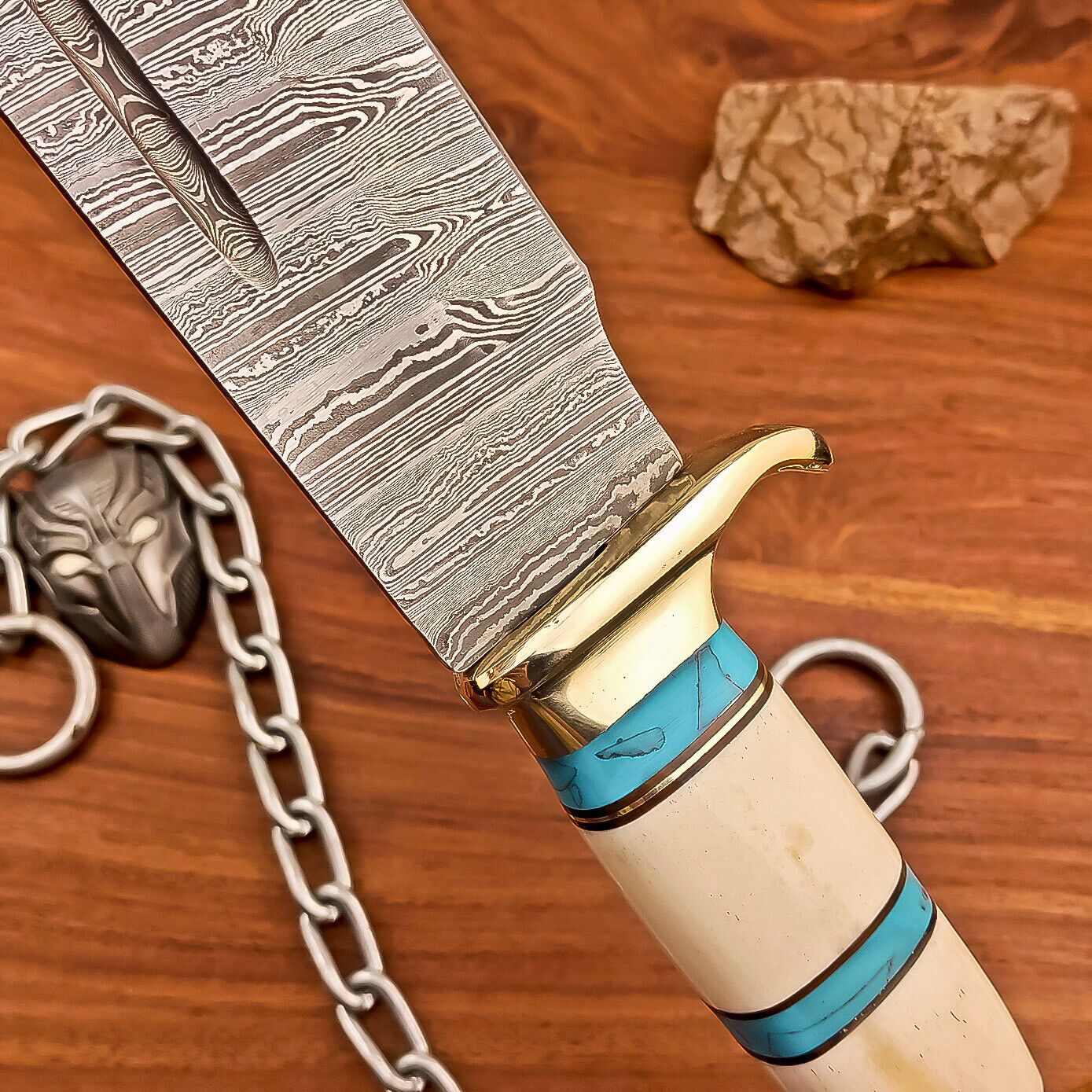 17 Inch Handmade Damascus Steel Bowie Knife with Bone Handle and Brass Bolster