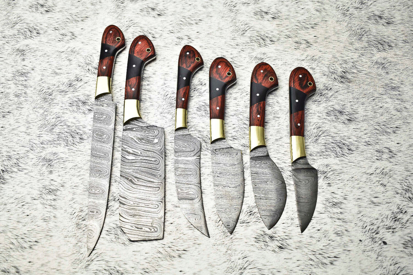 Lot of 6 Handmade Damascus Steel Chef Knife Set – Full Tang Kitchen Cutlery