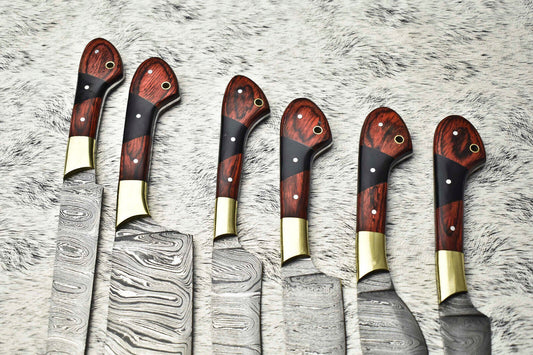 Lot of 6 Handmade Damascus Steel Chef Knife Set – Full Tang Kitchen Cutlery