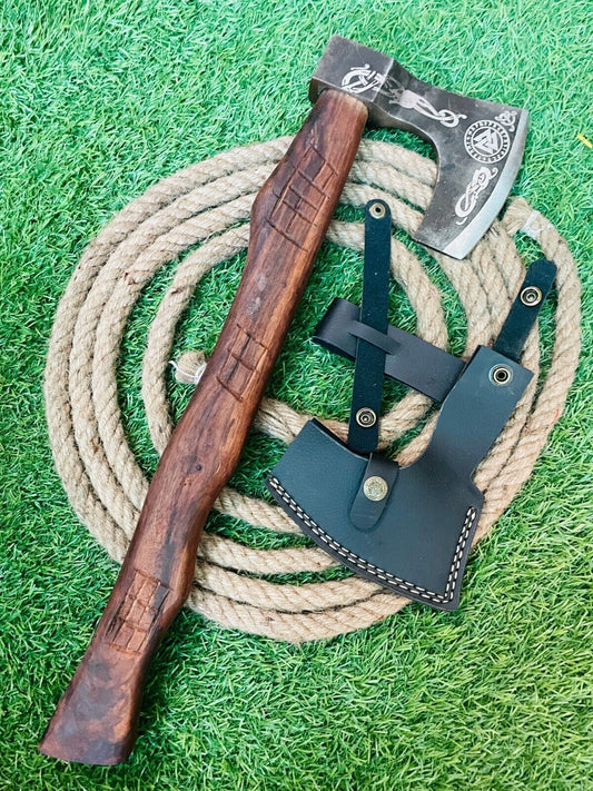 Hand Forged Carbon Etching Viking Axe Durable Bushcraft Cutting Hatchet with Leather Sheath