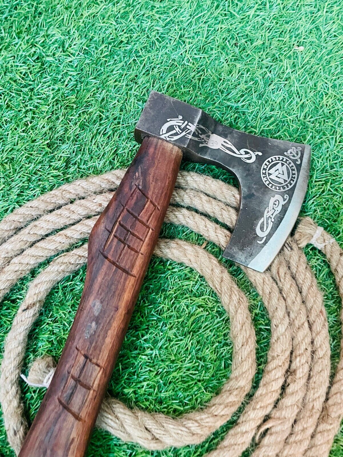 Hand Forged Carbon Etching Viking Axe Durable Bushcraft Cutting Hatchet with Leather Sheath