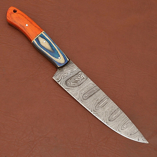 Handmade Damascus Steel Chef Knife 12" | Full Tang Wood Handle with Leather Sheath