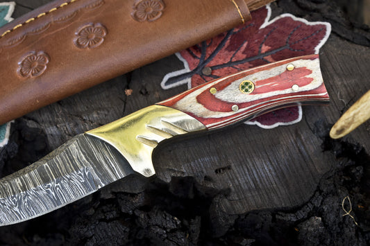 8" Twist Damascus Skinner Knife with Hardwood Handle and Brass Guard