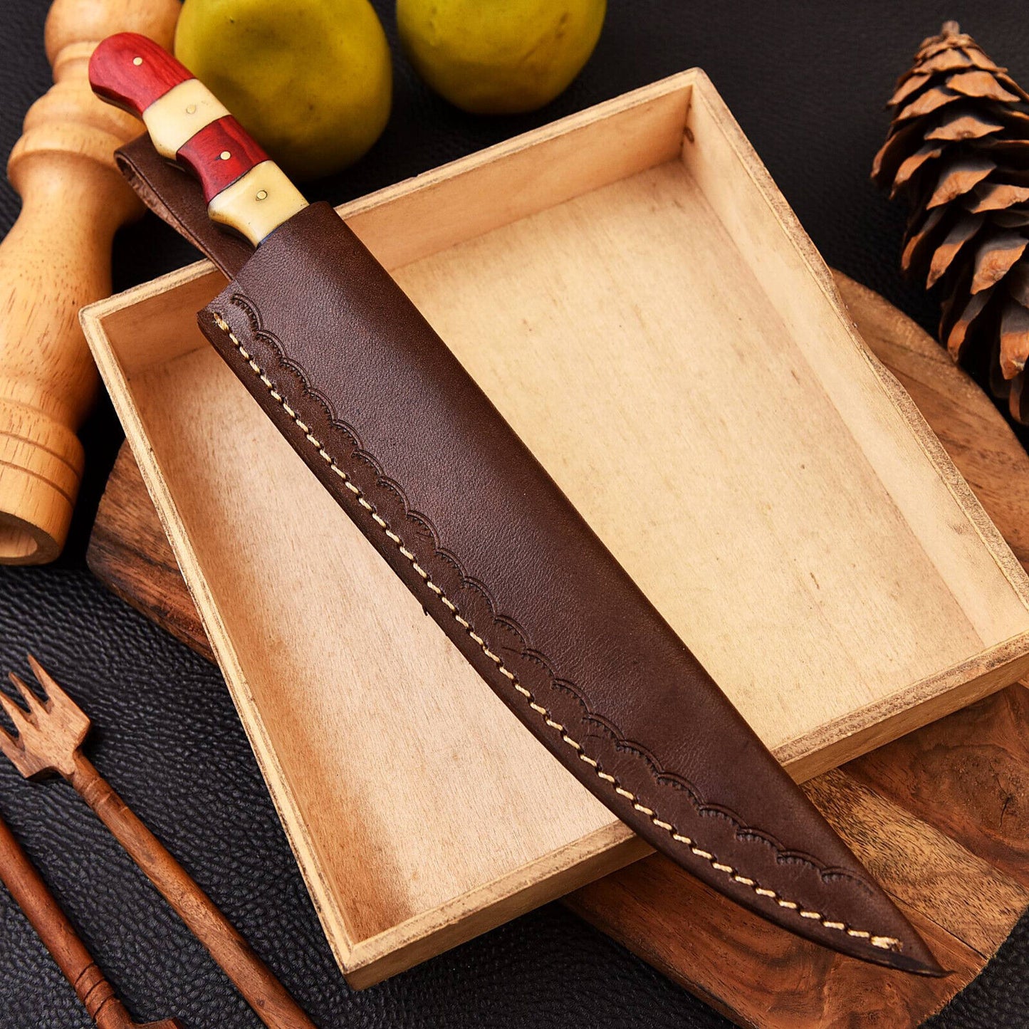 Custom Forged Damascus Steel Chef Fillet Kitchen Knife with Camel Bone Handle and Leather Sheath
