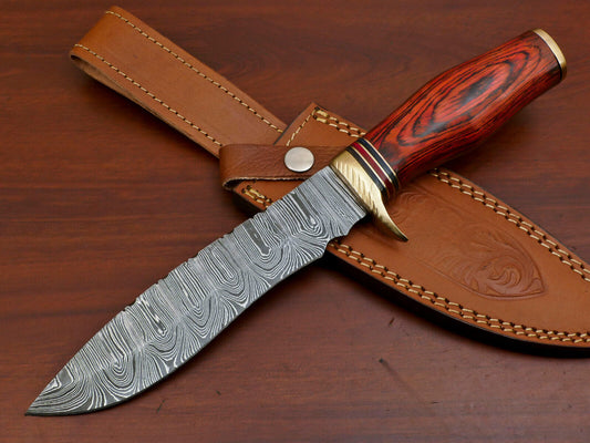 12" Custom Damascus Bowie Knife – Pakka Wood Handle with Brass Guard
