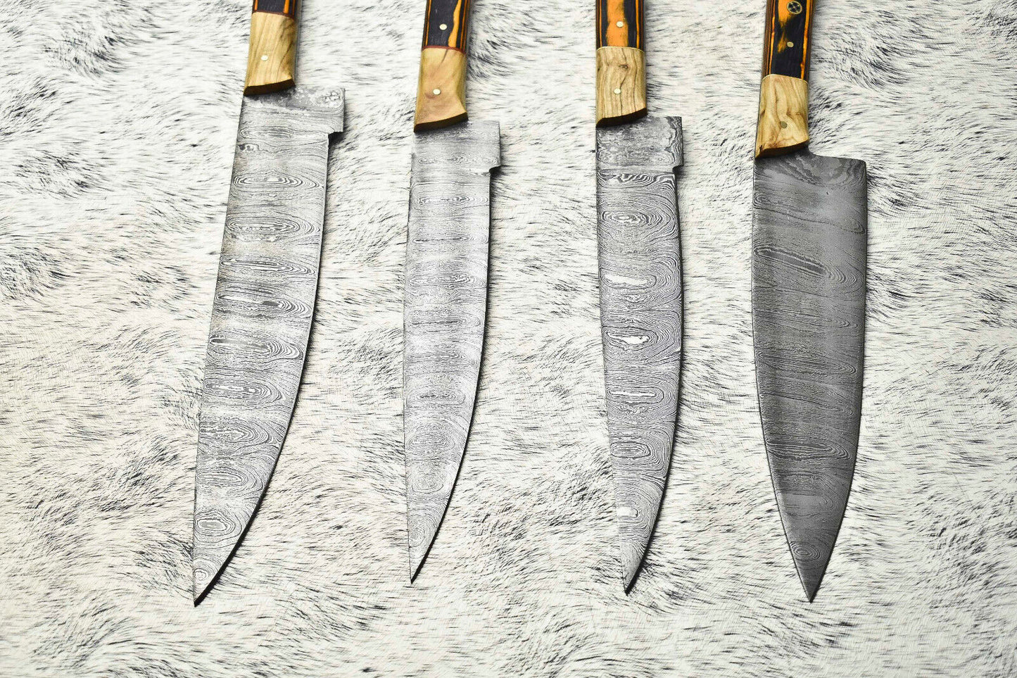 Lot Of 4 Handmade Damascus Hammered Full Tang Chef Set Knives | Hard Wood Handle
