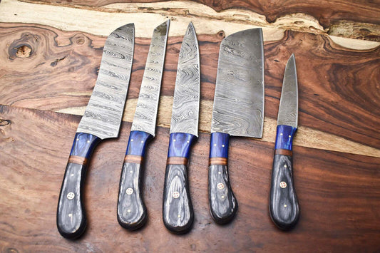 Lot Of 5 Handmade Damascus Steel Blade Chef Set Knive
