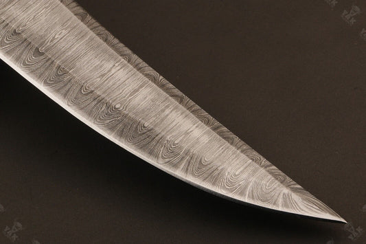 Heritage Forge 15 Inch Hand Forged Damascus Knife with Stained Camel Bone and Wood Handle for Hunting and Survival