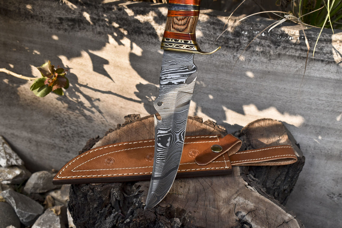 Heritage Forge 13 Inch Damascus Bowie Knife with Hardwood Handle and Brass Guard