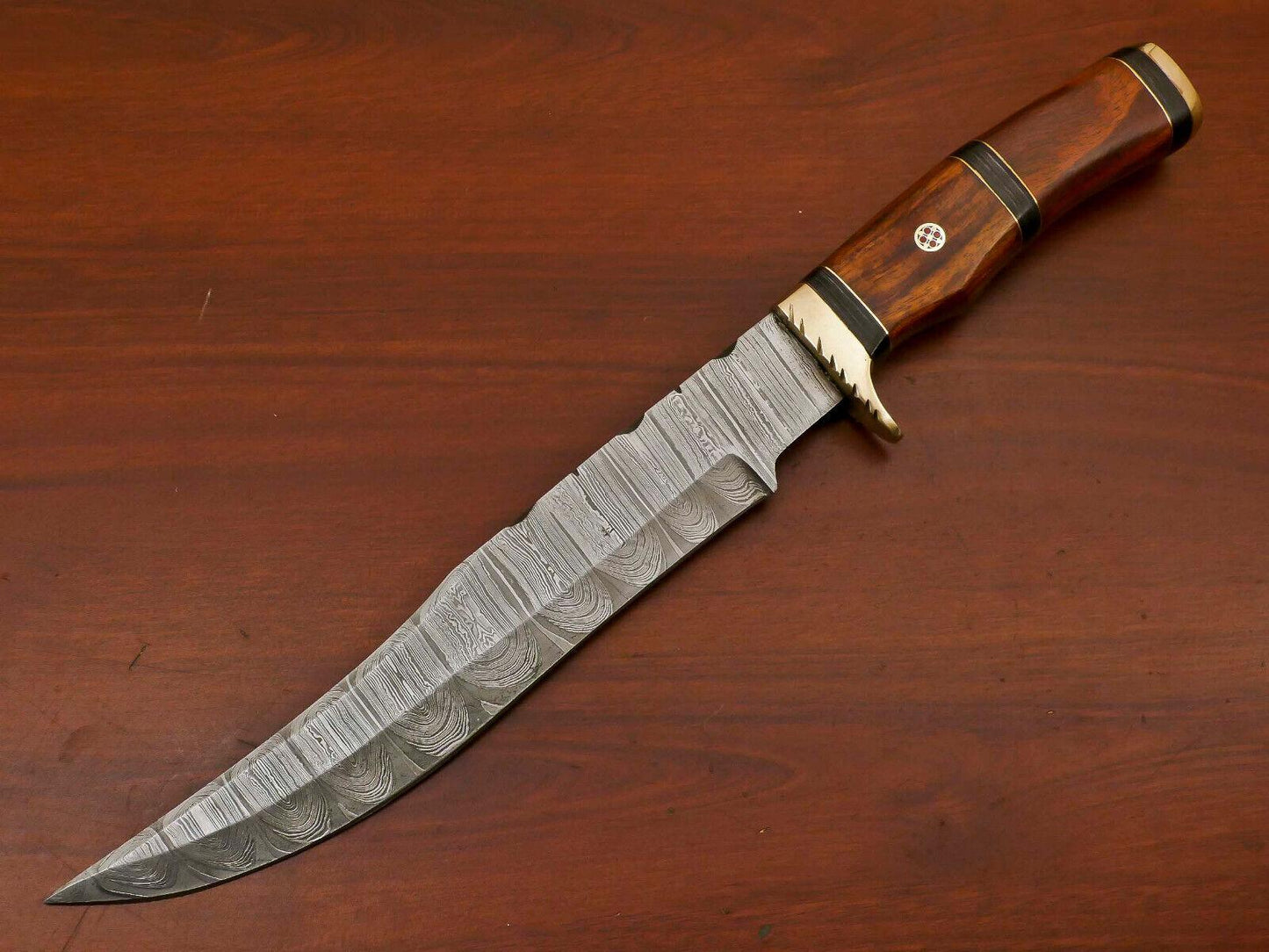 14" Handmade Damascus Bowie Hunting Knife – Rosewood & Pakka Wood Handle with Brass Guard