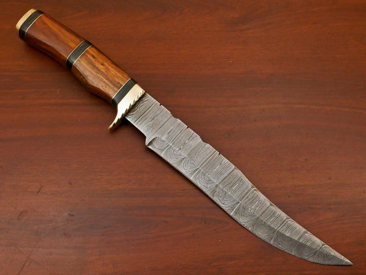 14" Handmade Damascus Bowie Hunting Knife – Rosewood & Pakka Wood Handle with Brass Guard