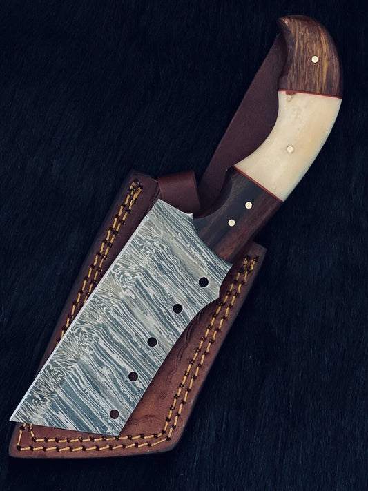 Heritage Forge 9.5 Inch Twist Damascus Cleaver Knife with Camel Bone and Wood Handle