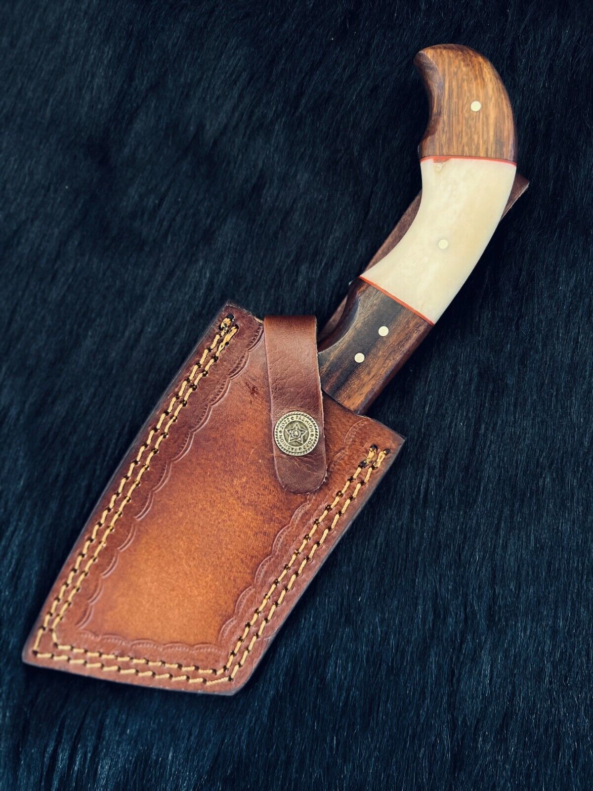 Heritage Forge 9.5 Inch Twist Damascus Cleaver Knife with Camel Bone and Wood Handle