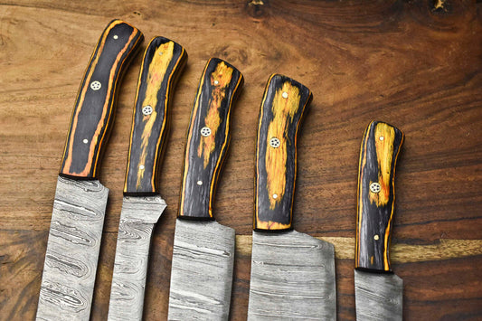 Custom Lot of 5 Handmade Hammered Damascus Steel Chef Knives