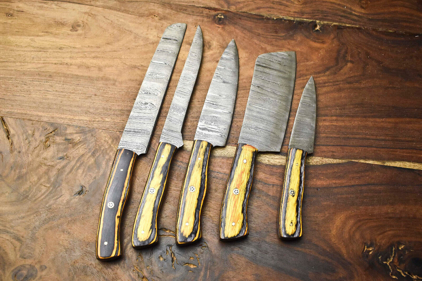 Custom Lot of 5 Handmade Hammered Damascus Steel Chef Knives