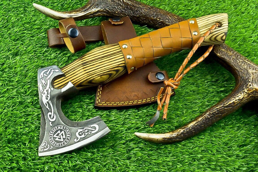 Hand Forged 13 Inch Viking Steel Axe with Ash Wood Leather Wrapped Handle and Sheath