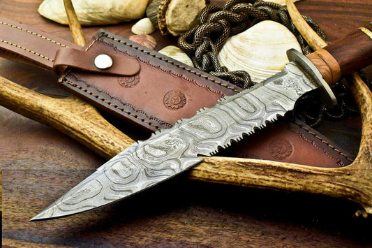 14" Handmade Damascus Bowie Knife – Walnut Wood Handle & Leather Sheath