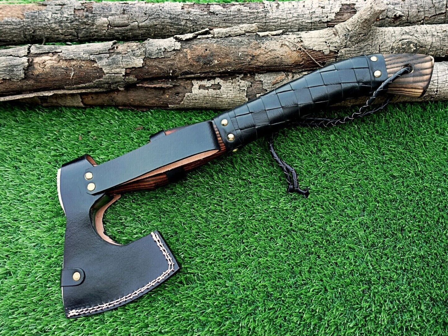 Custom Handmade Carbon Steel Viking Bearded Axe with Rose Wood Handle and Leather Sheath