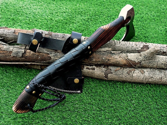 Custom Handmade Carbon Steel Viking Bearded Axe with Rose Wood Handle and Leather Sheath