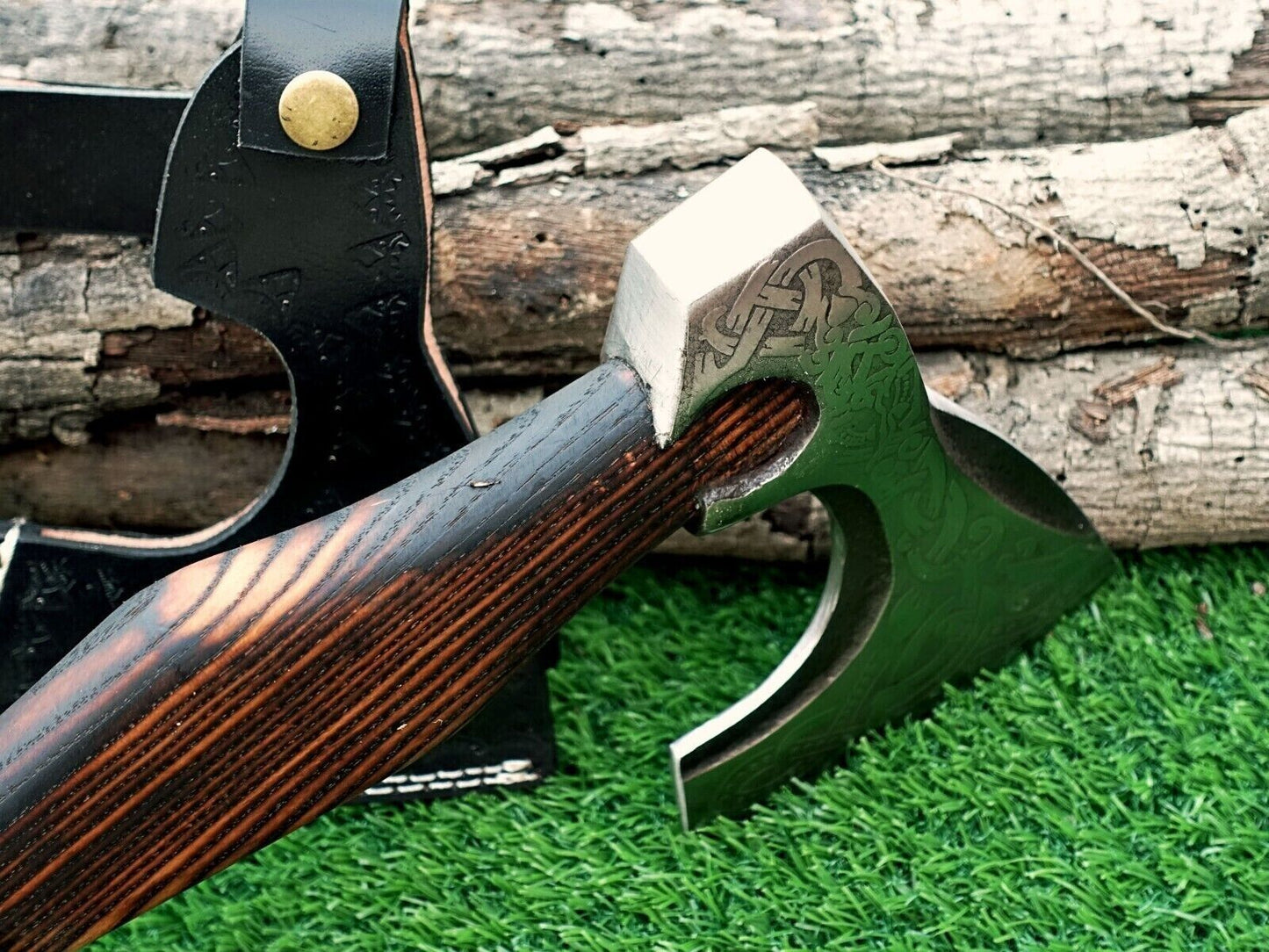 Custom Handmade Carbon Steel Viking Bearded Axe with Rose Wood Handle and Leather Sheath