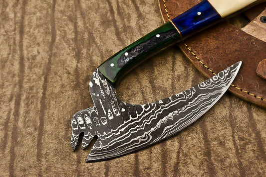 Handmade Damascus Steel Camel Bone Clever Chopper Axe Knife with Leather Sheath