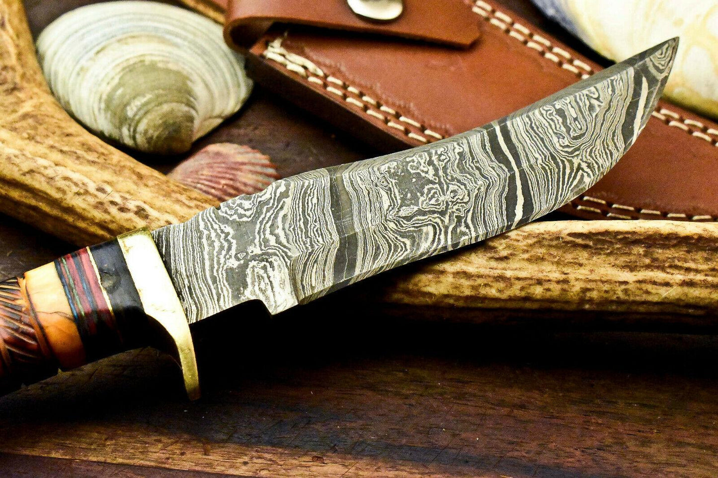 10" Handmade Damascus Bowie Knife – Camel Bone Handle & Leather Sheath