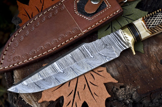 Twist Damascus Bowie Knife with Camel Bone and Wood Handle for Survival and Hunting