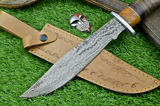 Heritage Forge 14 Inch Damascus Steel Bowie Knife with Stag Horn Resin Leather Handle | Hand Forged Hunting Camping Knife