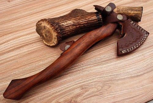 Handmade Damascus Steel Viking Bearded Camping Hatchet Tomahawk Axe | Spike Head, 20-Inch with Natural Wood Handle & Leather Sheath