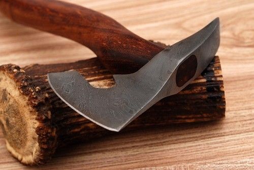 Handmade Damascus Steel Viking Bearded Camping Hatchet Tomahawk Axe | Spike Head, 20-Inch with Natural Wood Handle & Leather Sheath