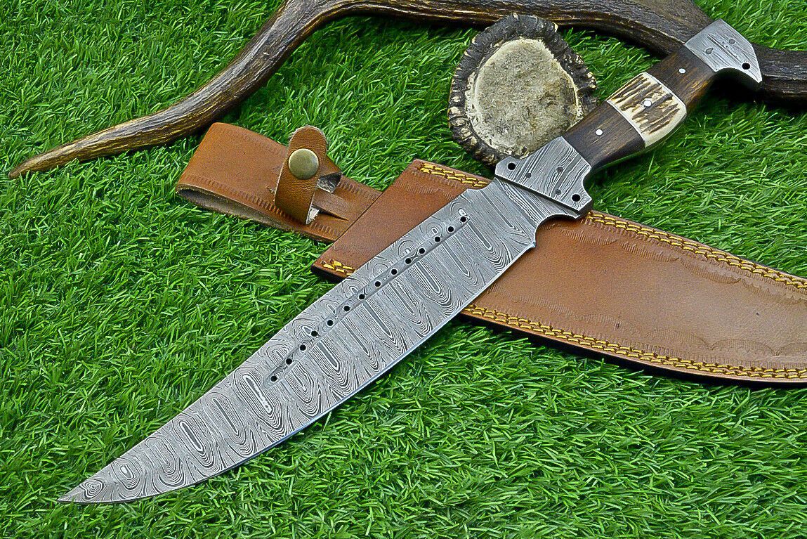Heritage Forge 16 Inch Damascus Steel Bowie Knife with Natural Wood and Stag Horn Handle