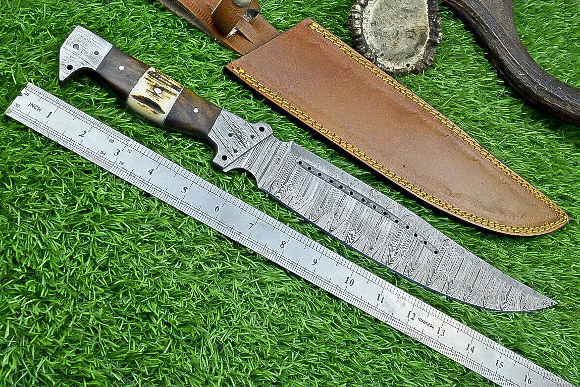 Heritage Forge 16 Inch Damascus Steel Bowie Knife with Natural Wood and Stag Horn Handle