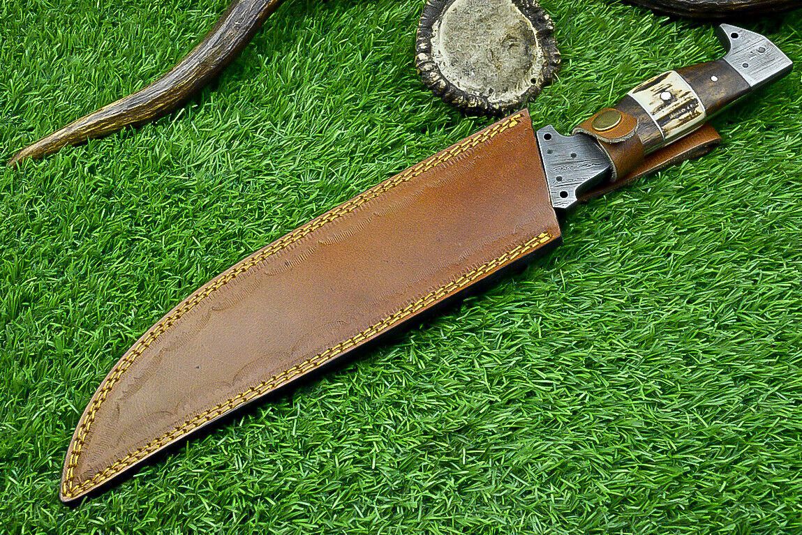 Heritage Forge 16 Inch Damascus Steel Bowie Knife with Natural Wood and Stag Horn Handle
