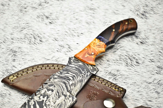 10.0" Handmade Damascus Steel Tracker Knife | Hardwood Handle + Leather