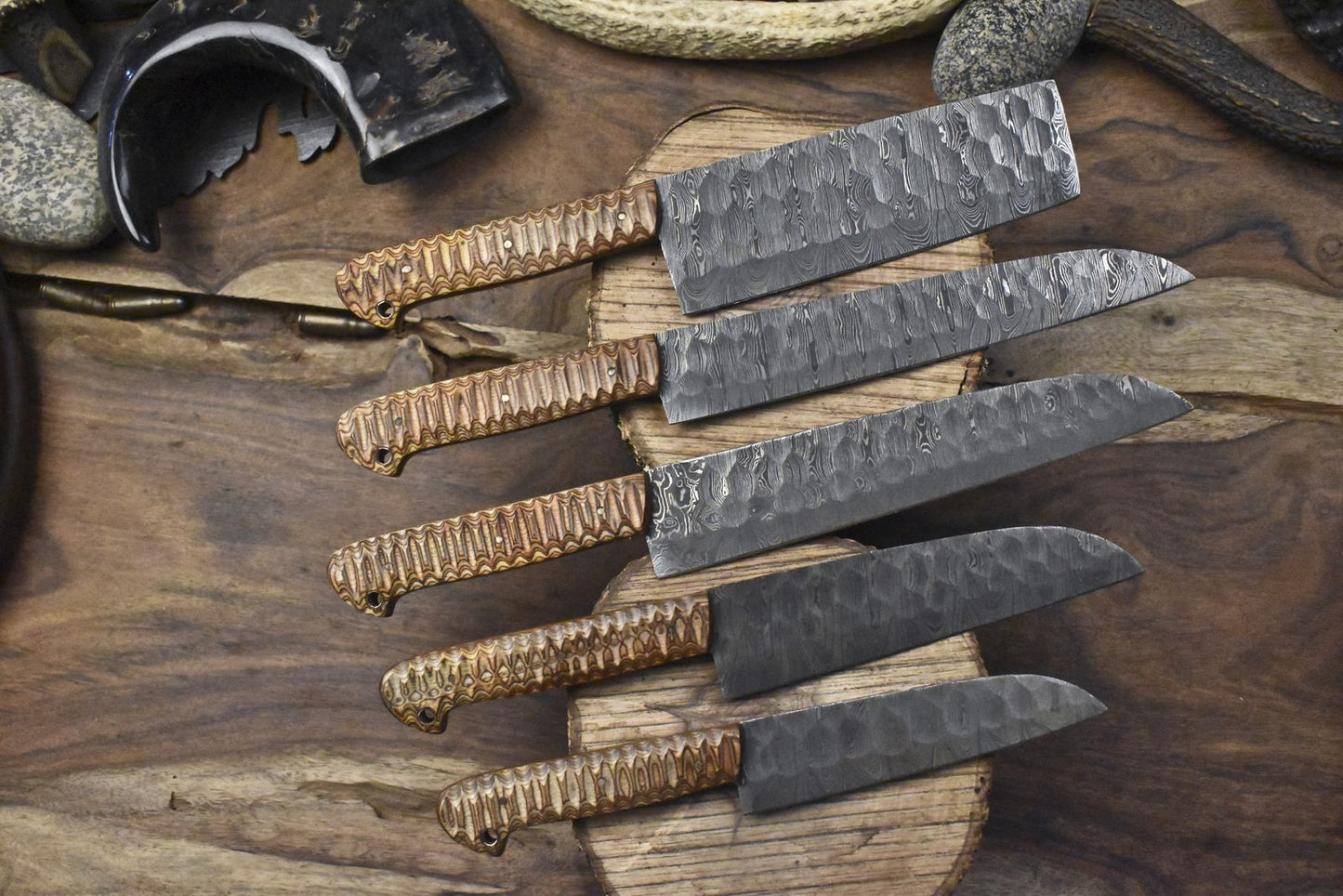 Handmade Chef Knife Set Twist Damascus Steel with Hard Wood Handles – Lot of 5 Fishing Knives