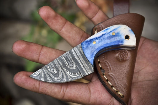 Miniature Twist Damascus Skinner Knife Hand Forged Corain Handle for Hunting and Sports