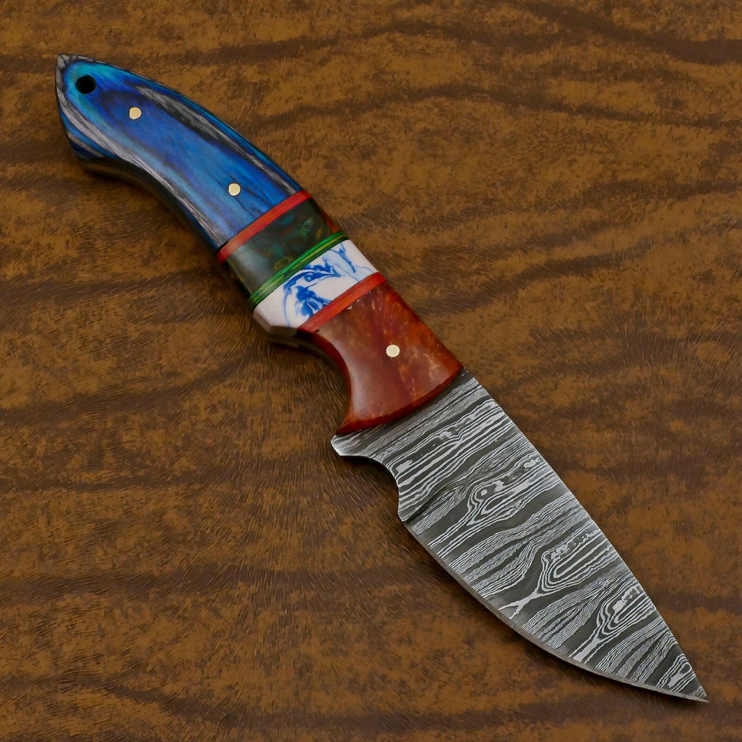 Handmade Damascus Steel Skinner Knife with Resin Wood Handle – Custom EDC Hunting Blade