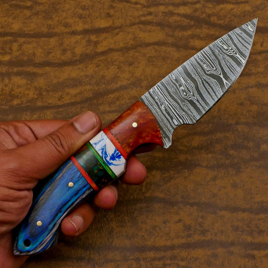 Handmade Damascus Steel Skinner Knife with Resin Wood Handle – Custom EDC Hunting Blade