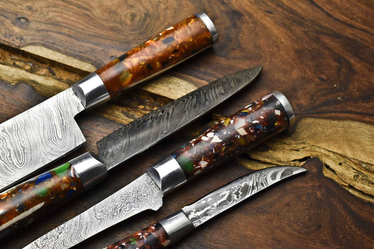 Lot of 4 Handmade Damascus Steel Blade Chef Knife Set – 100% Handmade