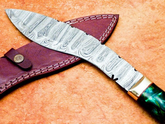 15 Inch Damascus Kukri Knife Resin Handle and Brass Bolster