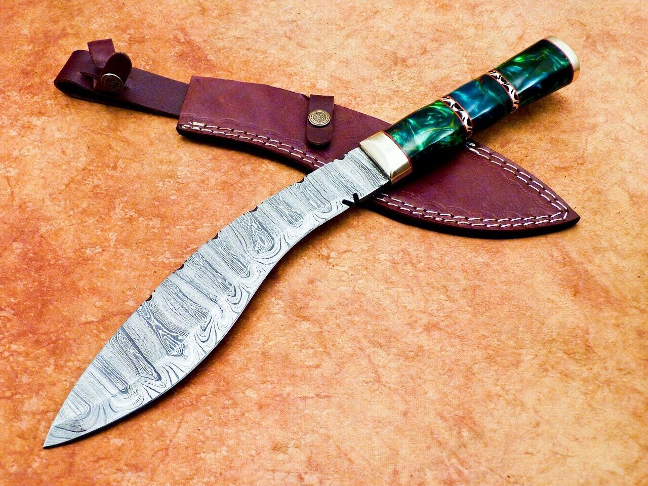 15 Inch Damascus Kukri Knife Resin Handle and Brass Bolster