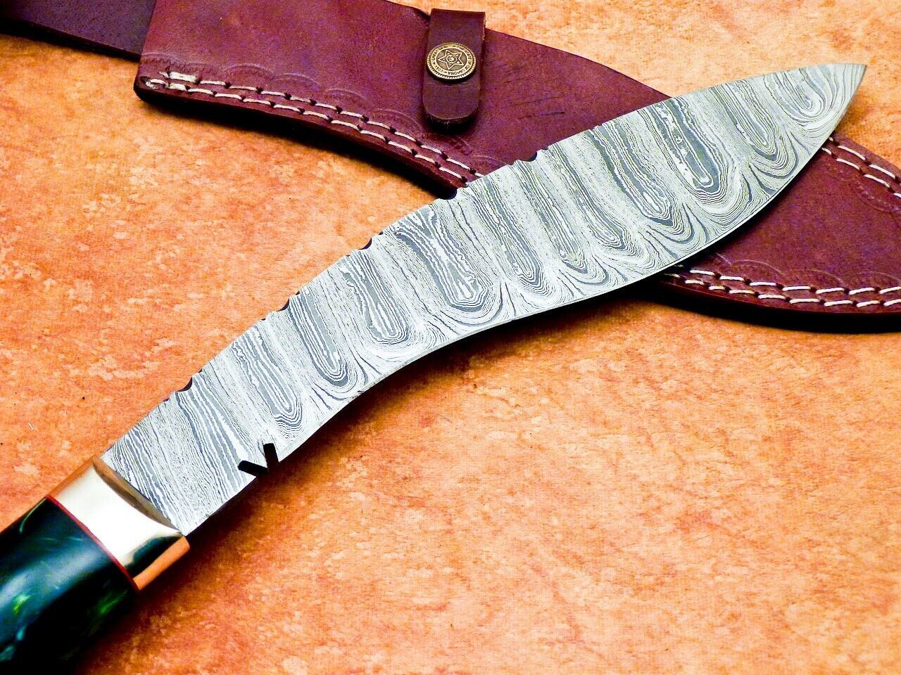 15 Inch Damascus Kukri Knife Resin Handle and Brass Bolster