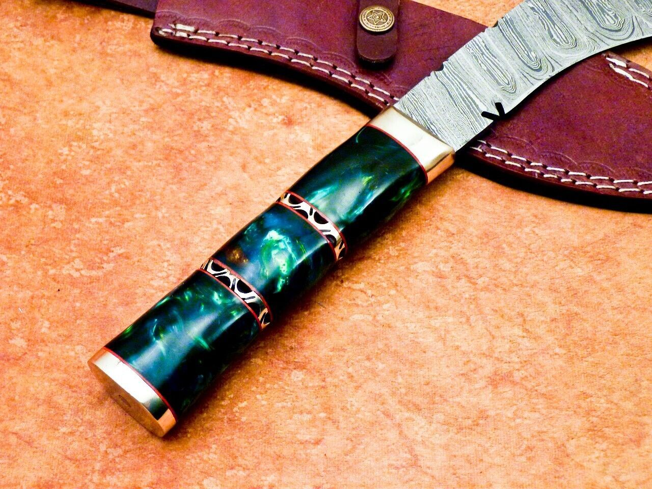 15 Inch Damascus Kukri Knife Resin Handle and Brass Bolster
