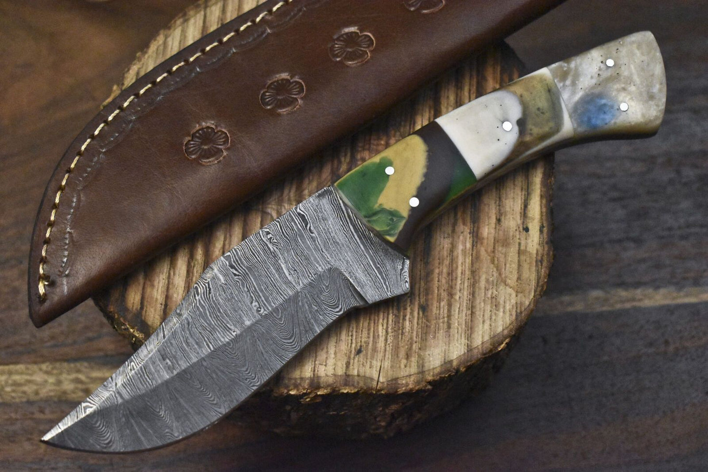 Twist Damascus Skinner Knife with Corain Handle and Micarta Bolster for Sports Hunting