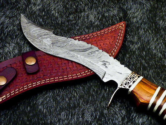 13" Damascus Bowie Knife – Hardwood & Camel Bone Handle with Leather Sheath