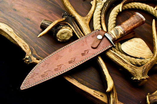 15" Damascus Bowie Knife – Camel Bone Handle & Leather Sheath