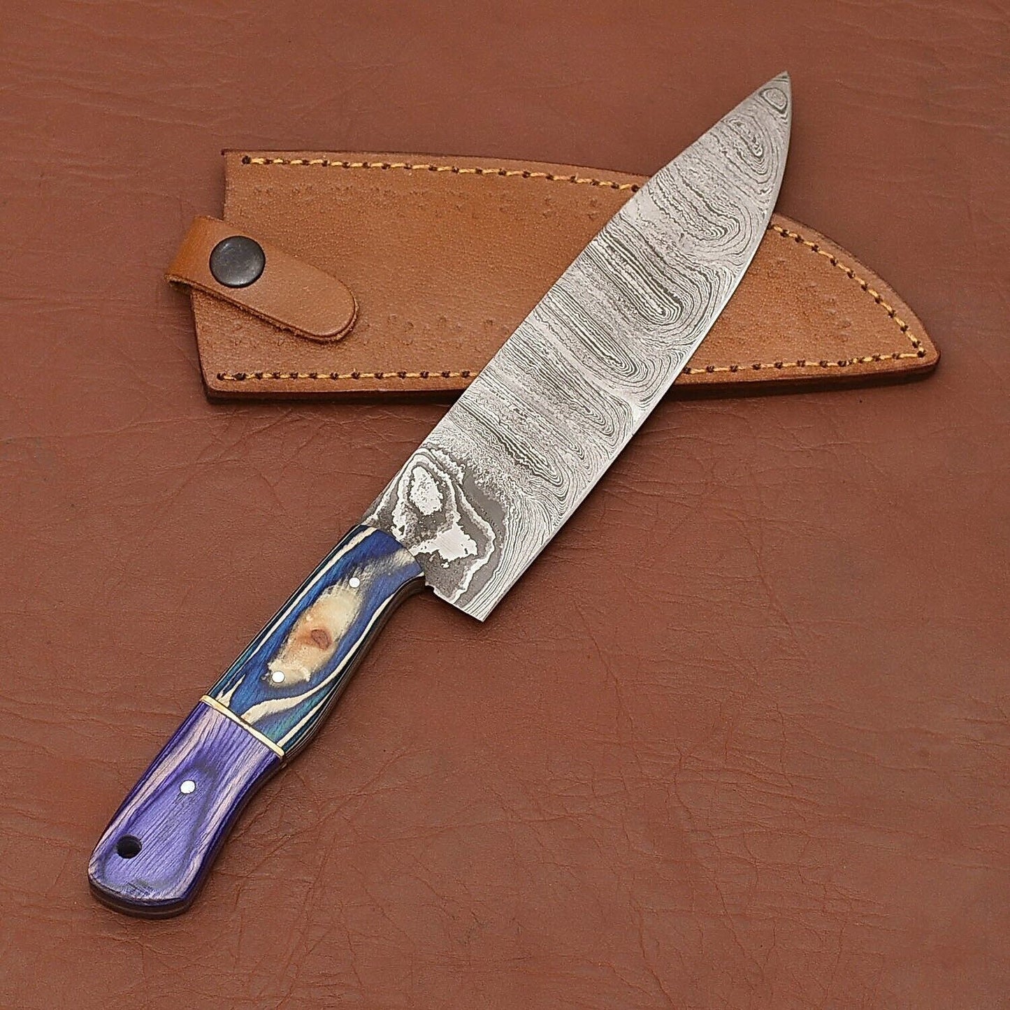 Hand-Forged Damascus Steel Chef Fillet Knife with Pakka Wood Handle & Leather Sheath